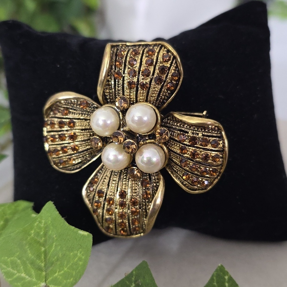 Vintage Gold with Pearls and Topaz Color Rhinestones Flower Brooch Pin